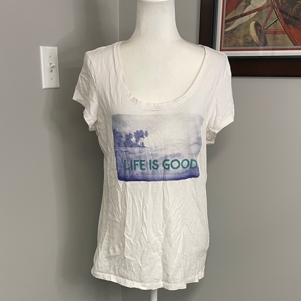 Life Is Good Women's White and Blue Graphic Tee beach vacation tropical Fitted